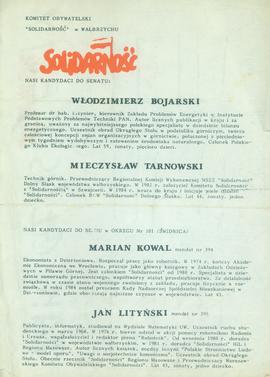 Nasi kandydaci do Senatu: Włodzimierz Bojarski, Mieczysław Tarnowski; nasi kandydaci do Sejmu w O...