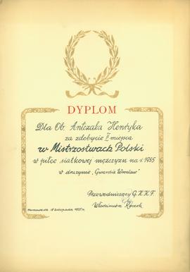 Dyplom za zdobycie II miejsca w Mistrzostwach Polski w piłce siatkowej mężczyzn