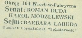 Okręg 104 Wrocław-Fabryczna. Senat: Roman Duda, Karol Modzelewski, Sejm: Barbara Labuda