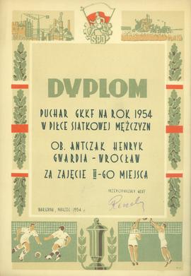 Puchar GKKF na rok 1954 w piłce siatkowej mężczyzn: dyplom za zajęcie II-go miejsca