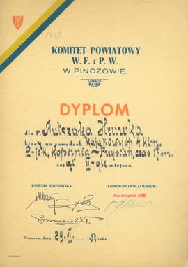 Dyplom dla P. Antczaka Henryka który na zawodach kajakowych 4 klm. 2-je-k Kopernia - Przystań, cz...