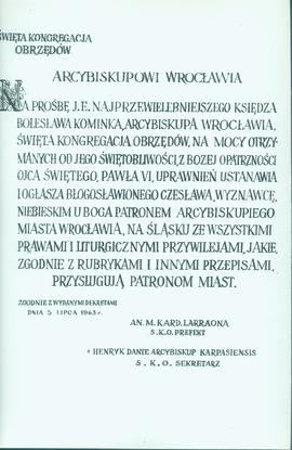 Uroczystości ogłoszenia bł. Czesława patronem Wrocławia