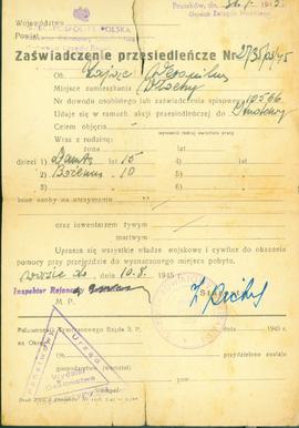 Zaświadczenie przesiedleńcze Nr 2735/05/45