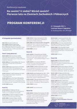 Program Konferecji. Na swoim? U siebie? Wśród swoich? Pierwsze lata na Ziemiach Zachodnich i Półn...