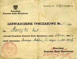 Zaświadczenie tymczasowe Nr . 3851/181 o odznaczeniu Brązowym Medalem "Zasłużonym na Polu Ch...