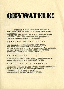 Obywatele! Wrogowie naszej Ojczyzny postawili kraj przed koniecznością wprowadzenia stanu wojenne...