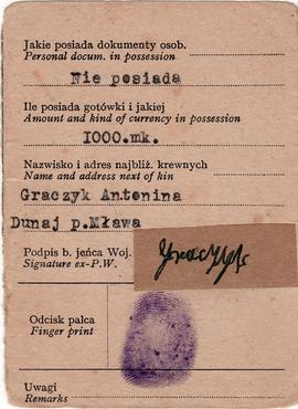 ... Legitymacja b. jeńca wojennego=Identity-Card ex Prisoner of War